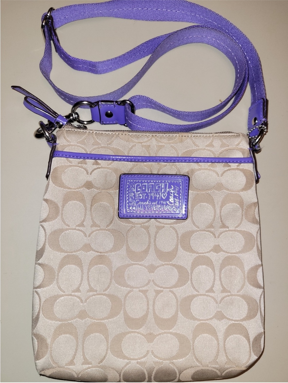 Coach Poppy Beige Signature Crossbody with Purple Trim